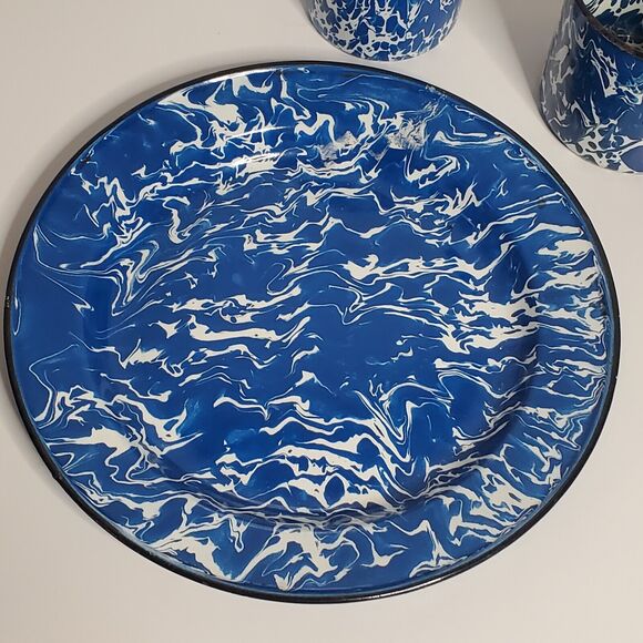 Vintage Blue White Speckled Enamel 3 pcs Enamelware Camping RV 1 Plate, 2 Mugs - Picture 2 of 7